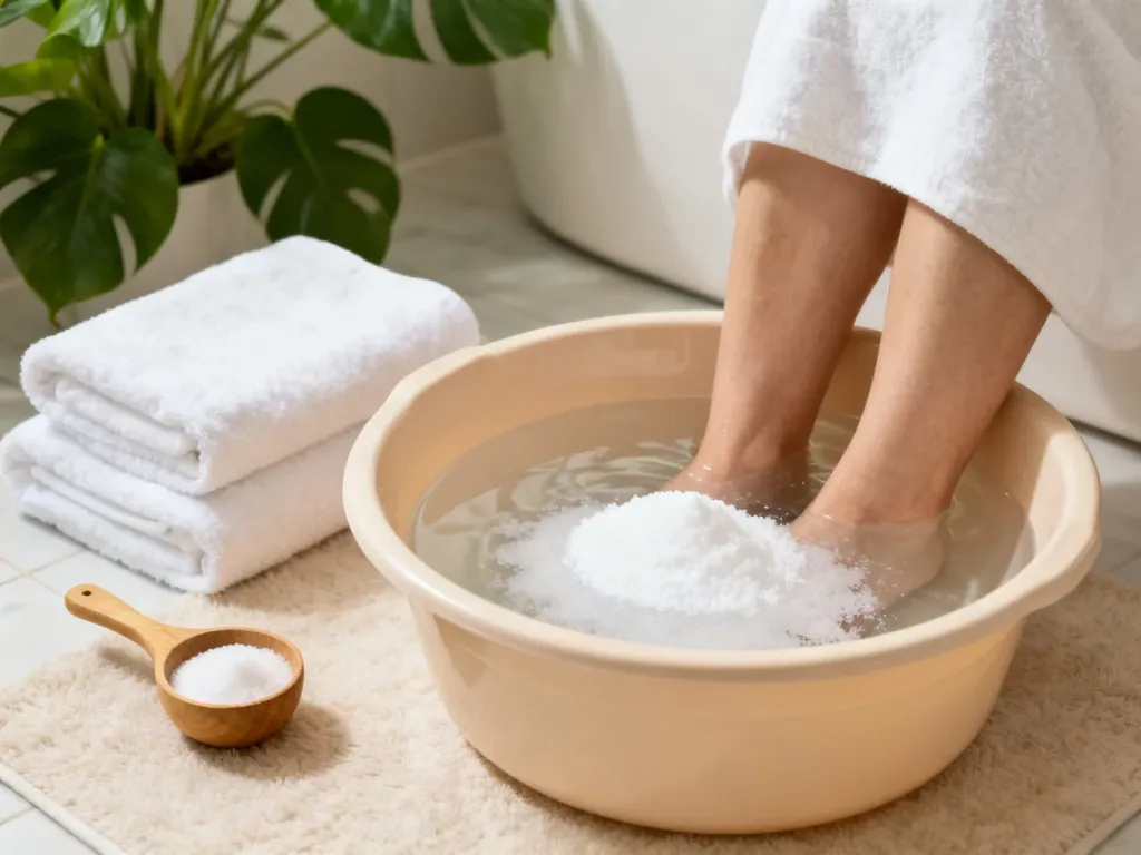 Miska z wodą i sodą do kąpieli stóp, obok ręczniki i drewniana miarka w relaksującej atmosferze domowego spa.