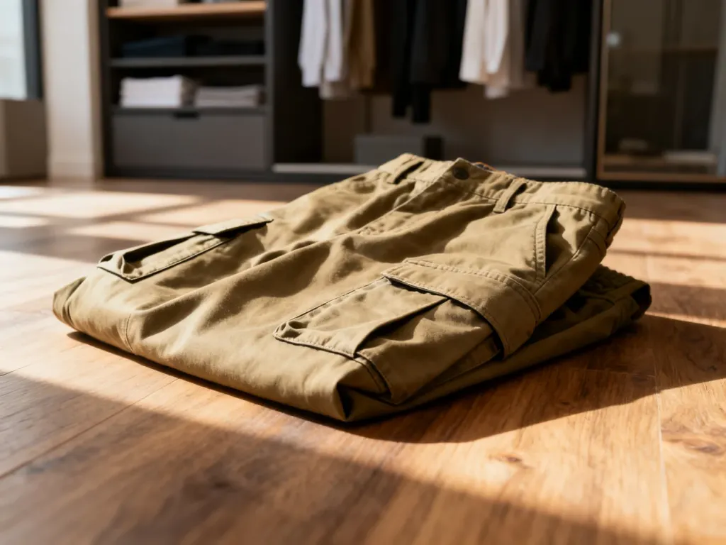 Modne spodnie cargo w kolorze khaki leżące na drewnianej podłodze w otoczeniu minimalistycznej garderoby.