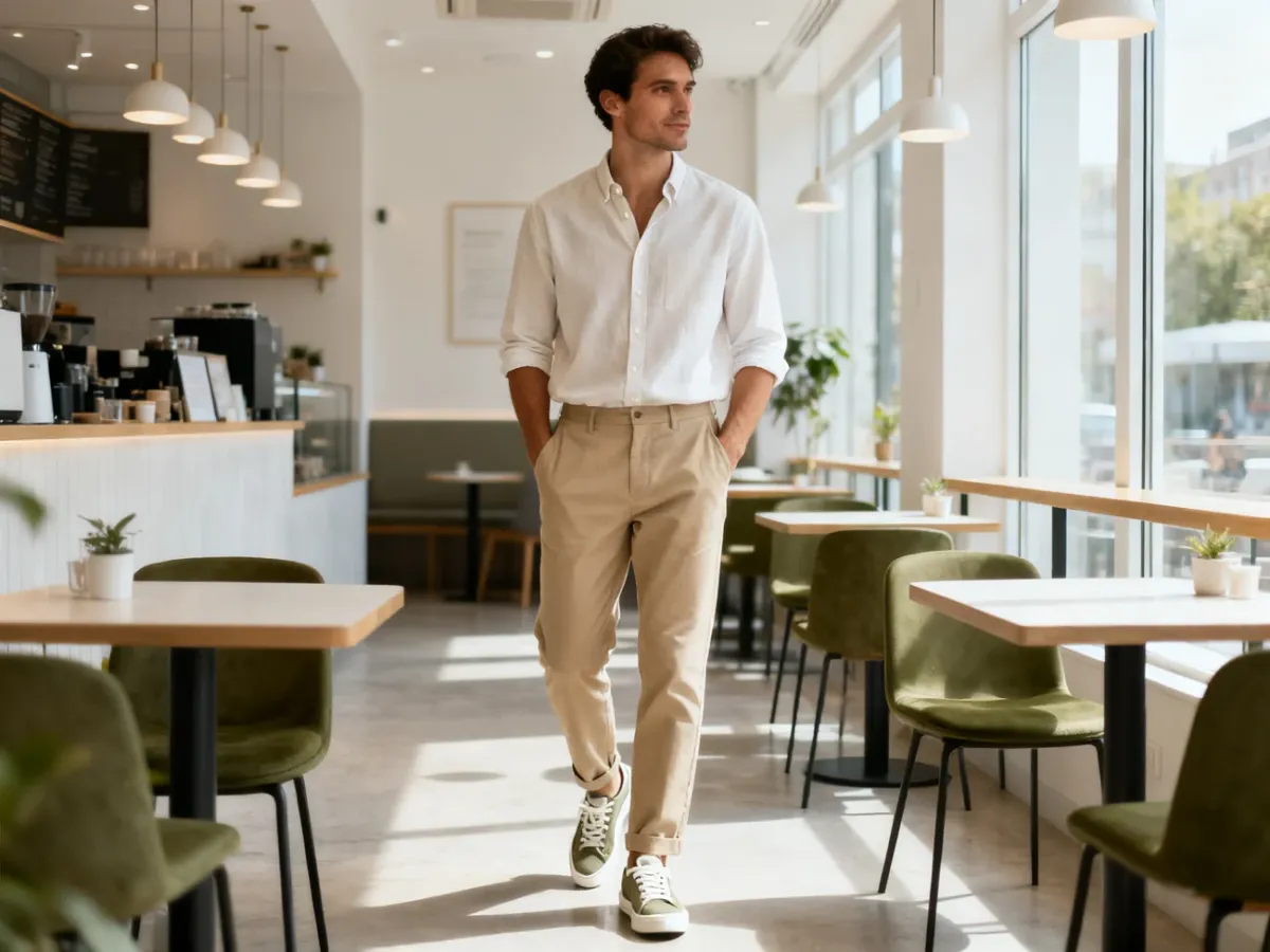 Mężczyzna w beżowych chinosach w stylu smart-casual