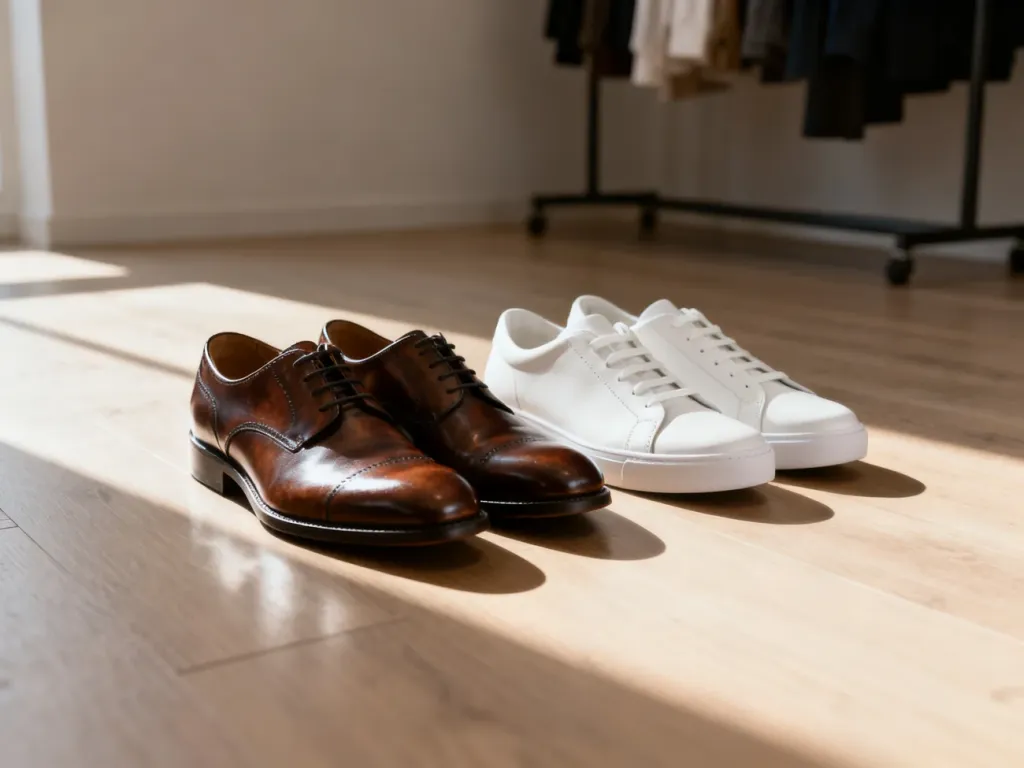 Eleganckie skórzane oksfordy zestawione z minimalistycznymi białymi sneakersami na drewnianym podłożu.