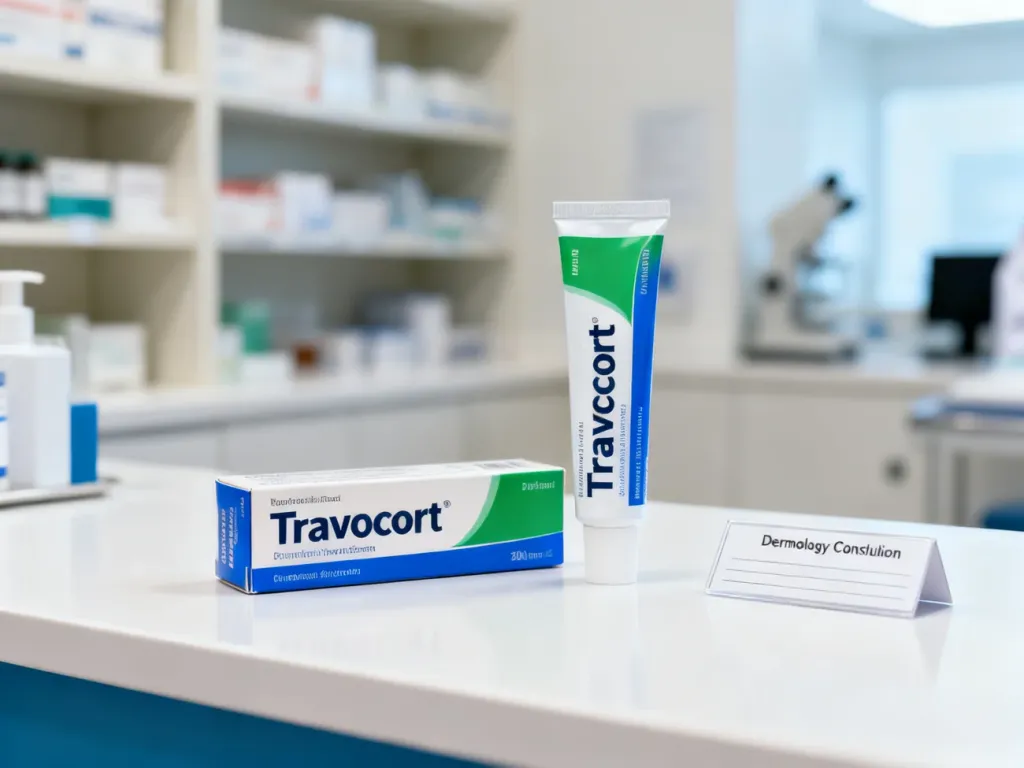 Tubka i opakowanie kremu Travocort na blacie w gabinecie dermatologicznym. Profesjonalna prezentacja leku przeciwgrzybiczego.