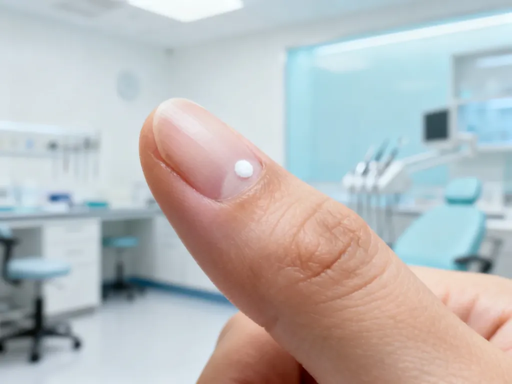 Zbliżenie na paznokieć z widoczną białą plamką w gabinecie dermatologicznym, ilustrujące problem leukonychii.