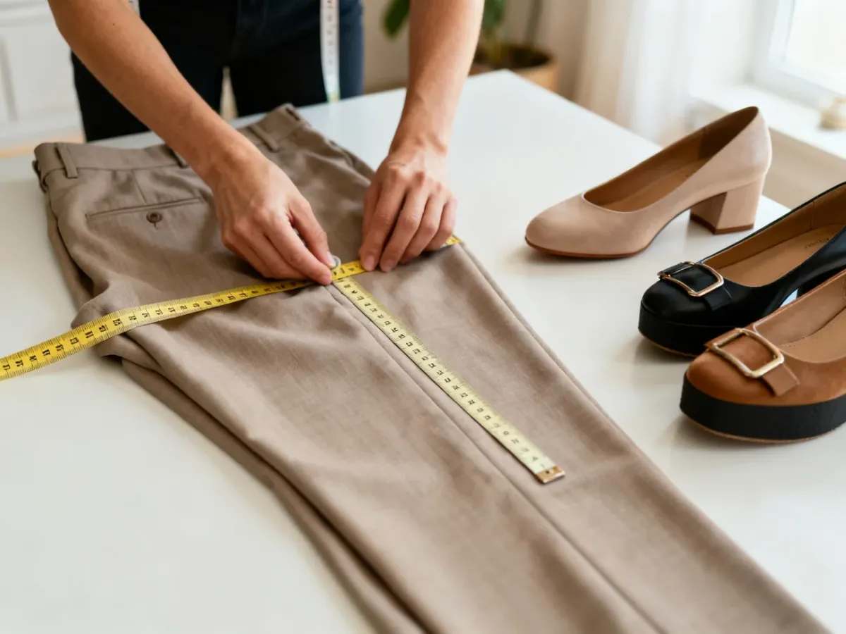 Measuring the inseam of trousers beside different types of shoes