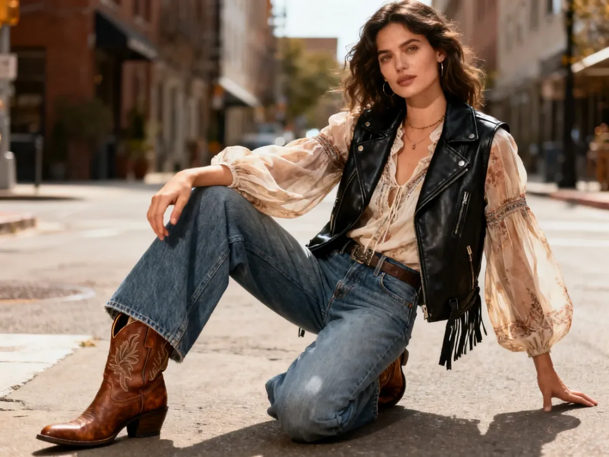 Stylizacja moto boho z jeansami wide leg, koronkową bluzką i kowbojkami