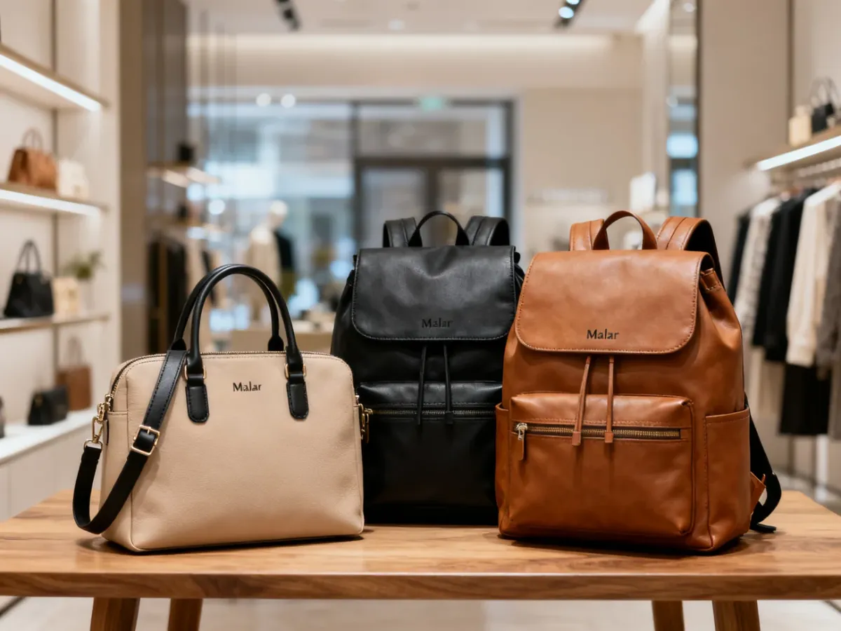 Eleganckie torebki i plecaki Malar Bags o minimalistycznym designie wyeksponowane na drewnianym stole w butiku.