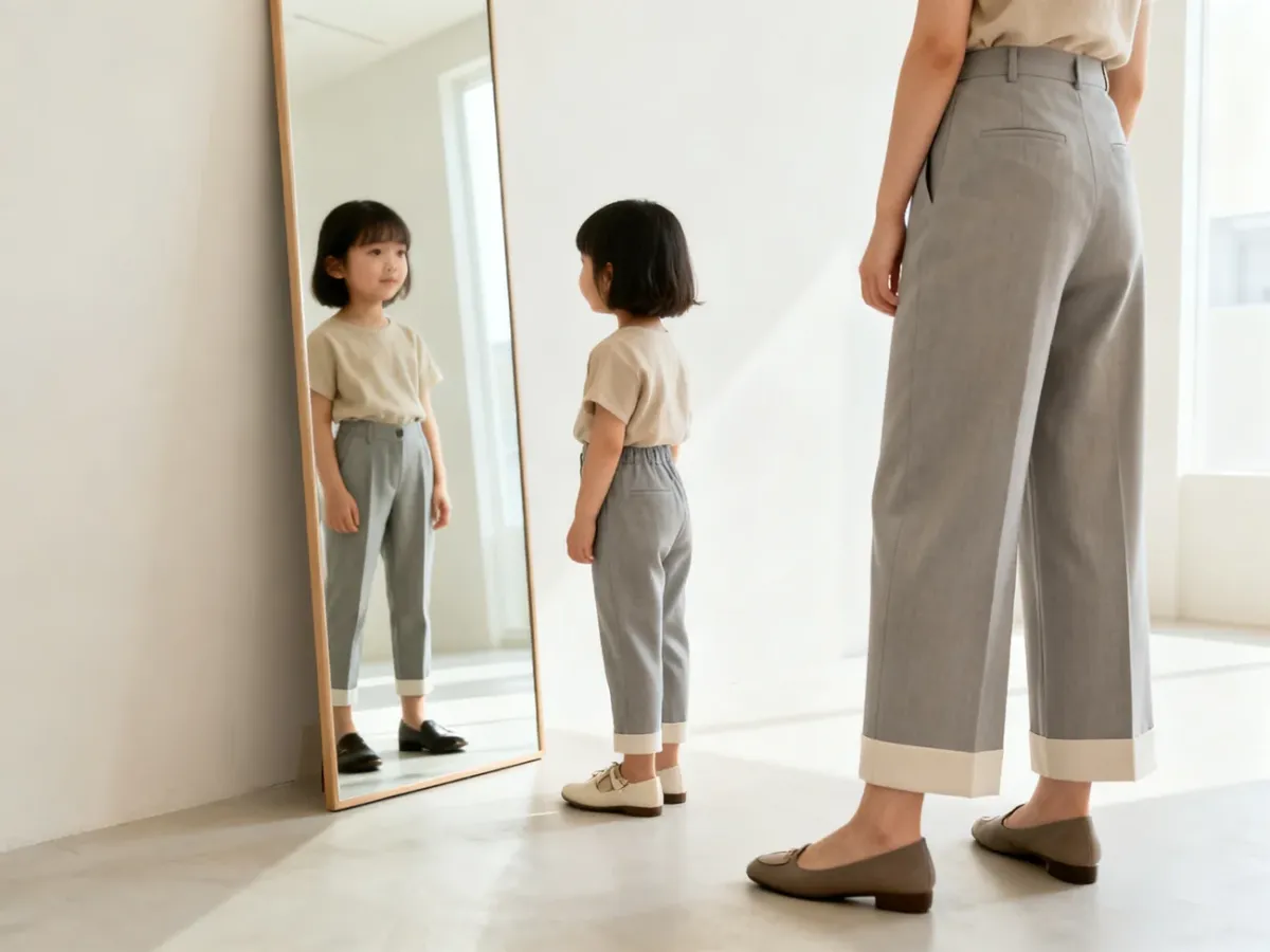 Petite woman comparing trouser lengths and silhouettes in a mirror