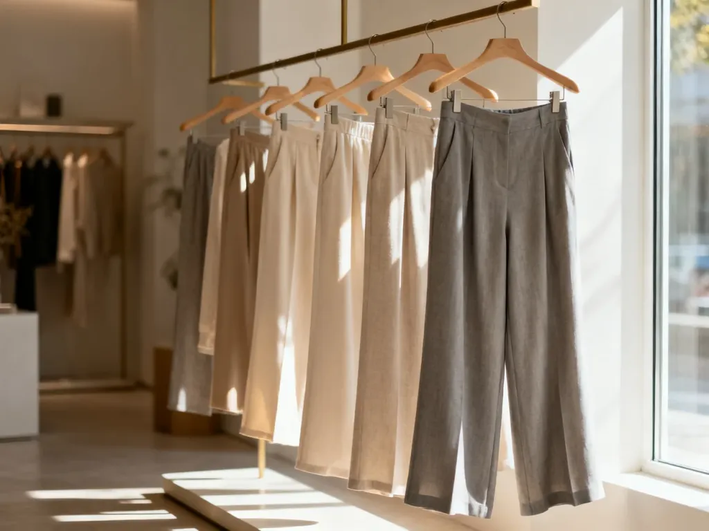 Eleganckie, luźne spodnie typu wide-leg i palazzo wiszące na wieszakach w minimalistycznym butiku.