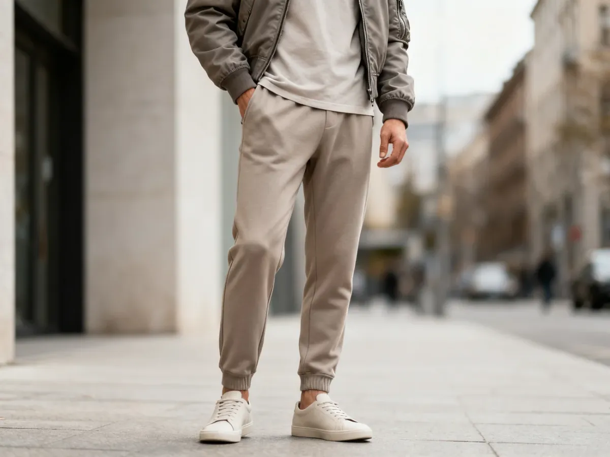 Miejska stylizacja z joggerami, bomberką i minimalistycznymi sneakersami