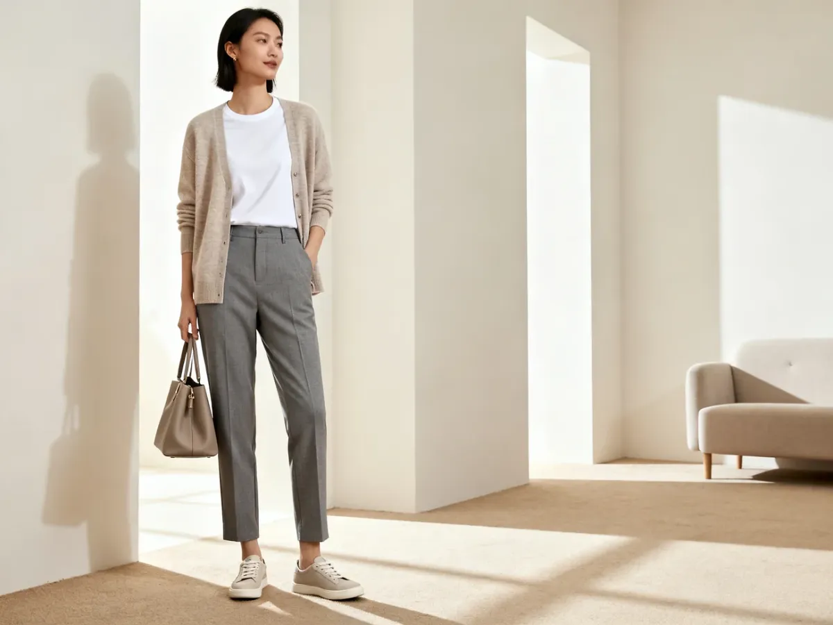 Stylizacja smart casual z eleganckimi spodniami, T-shirtem, kardiganem i sneakersami