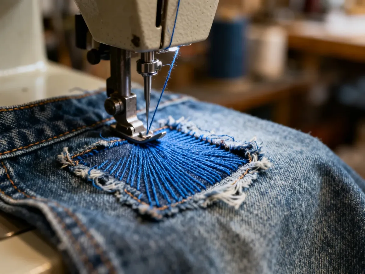 Maszyna do szycia wzmacniająca łatą przetarty denim