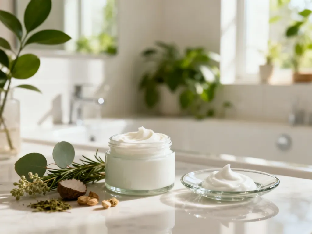 Elegancka kompozycja produktów do pielęgnacji skóry z naturalnymi składnikami w jasnej, minimalistycznej łazience.