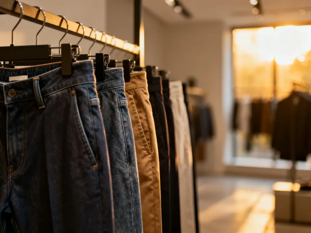 Wieszak z eleganckimi spodniami typu slim fit w nowoczesnym butiku, prezentujący różne faktury materiałów.