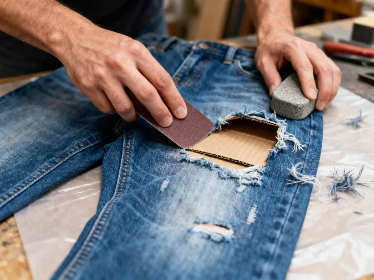 Dłonie tworzące przetarcia na jeansach za pomocą papieru ściernego i pumeksu