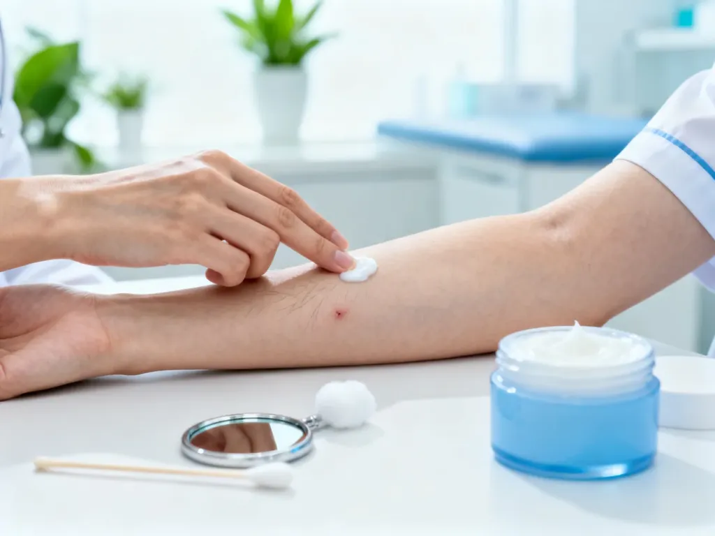 Dłoń nakładająca łagodzący krem na podrażnioną skórę w profesjonalnym gabinecie dermatologicznym.