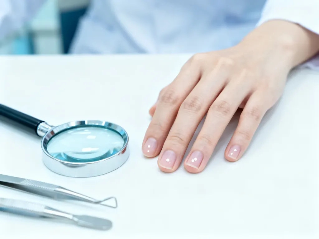 Dłoń z widocznymi białymi plamkami na paznokciach obok narzędzi dermatologicznych w gabinecie lekarskim.