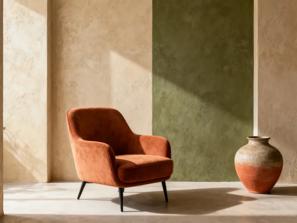 Stylowy salon z fango fotelem i ceramicznym wazonem, utrzymany w harmonijnej, ziemistej palecie barw.