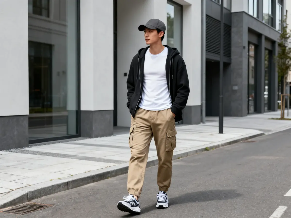 Codzienna streetwearowa stylizacja z khaki spodniami cargo, bluzą i sneakersami