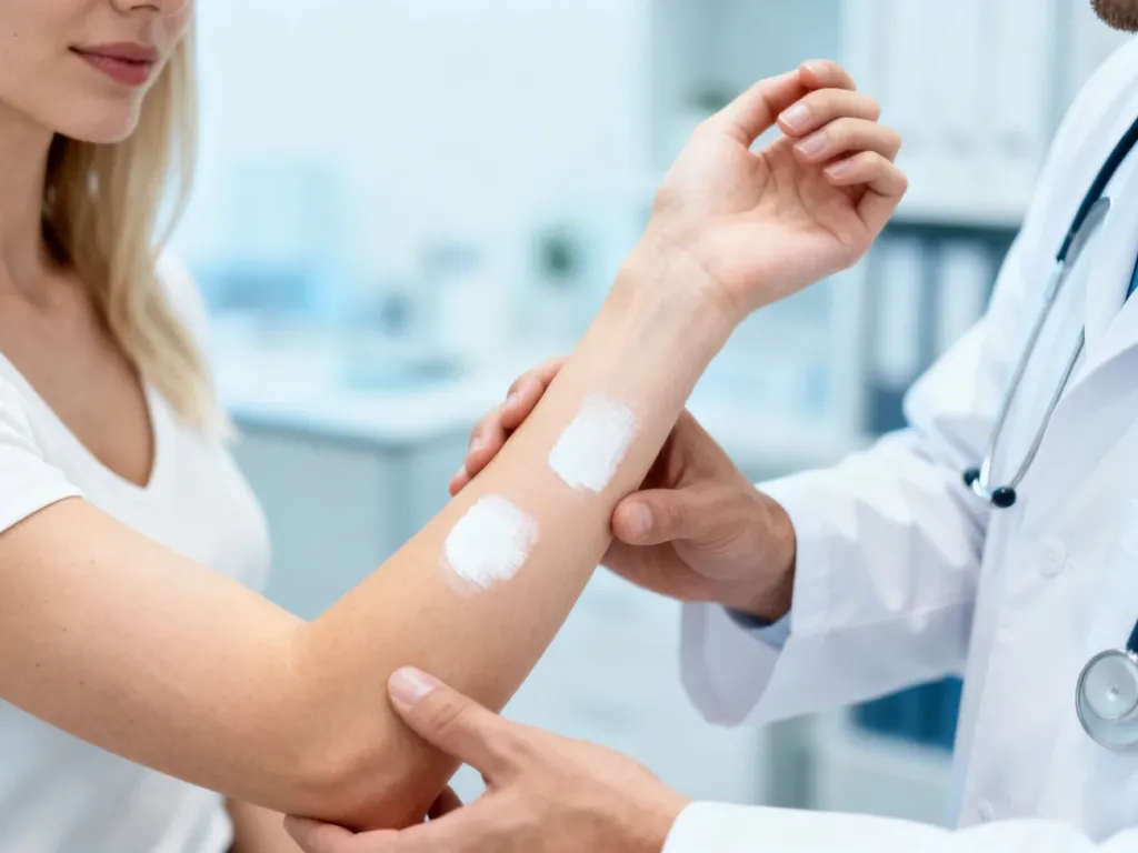 Dermatolog badający jasne plamy na przedramieniu pacjentki w gabinecie lekarskim.
