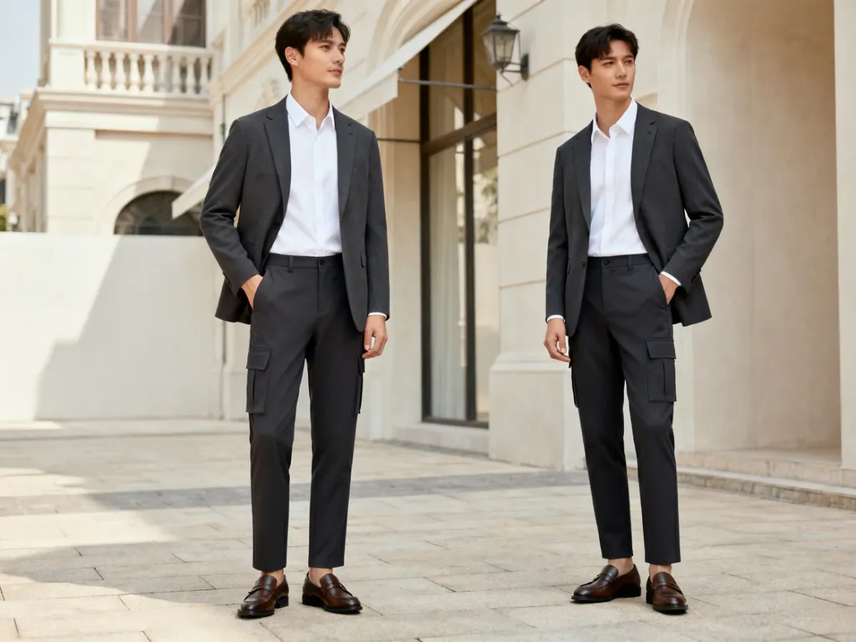 Elegancka stylizacja smart-casual z ciemnymi spodniami cargo, koszulą i marynarką
