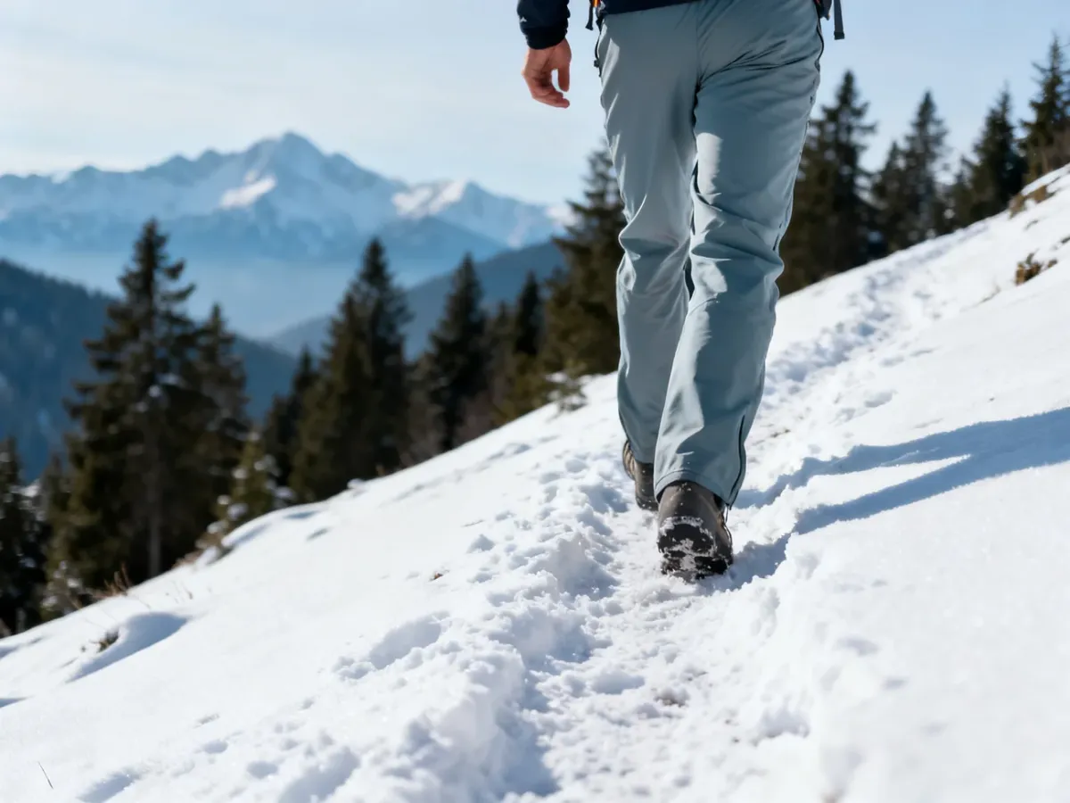 Turysta podczas intensywnego trekkingu w lekkich spodniach zimowych