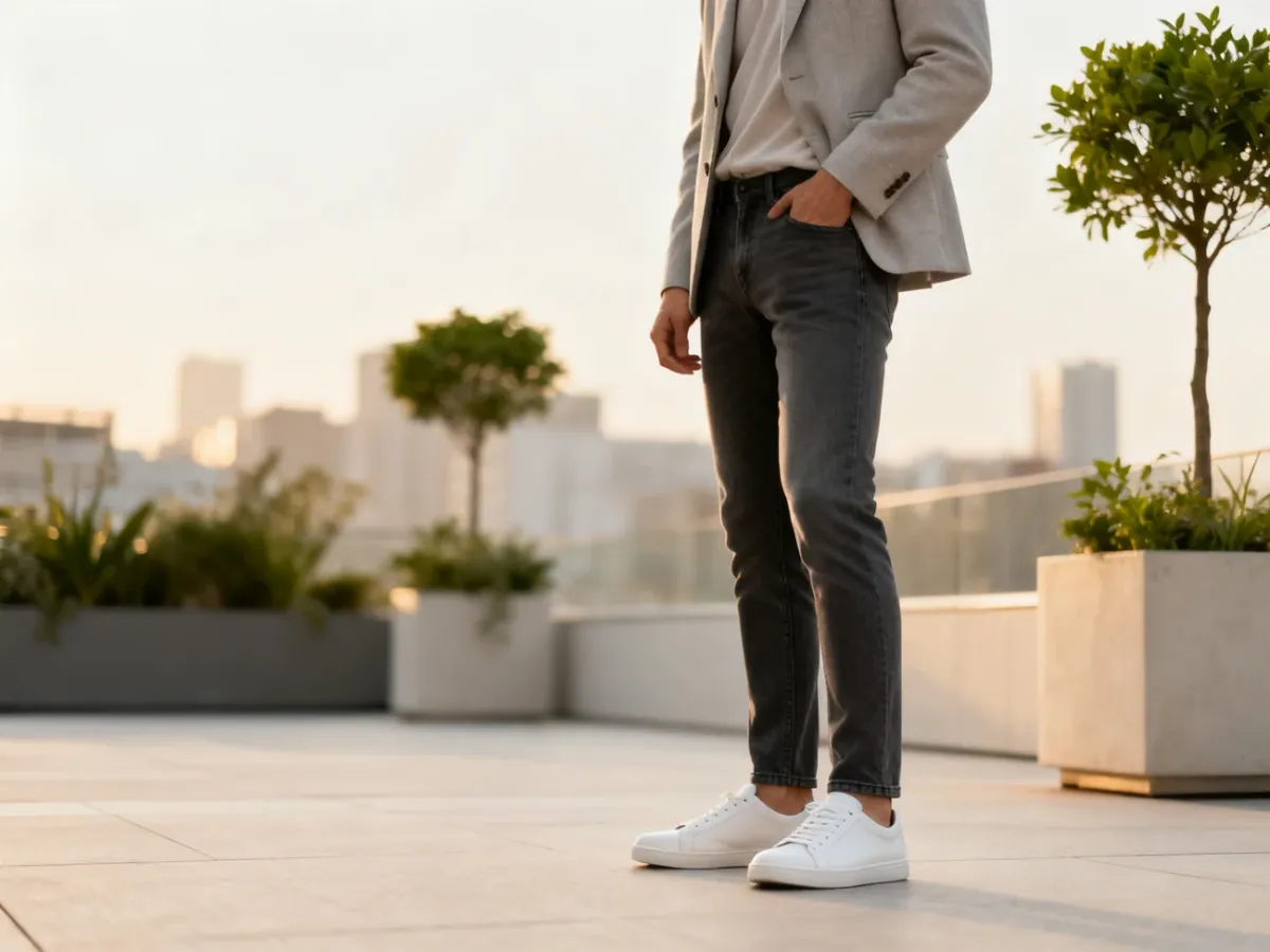 Minimalistyczne białe sneakersy zestawione z ciemnymi jeansami i marynarką