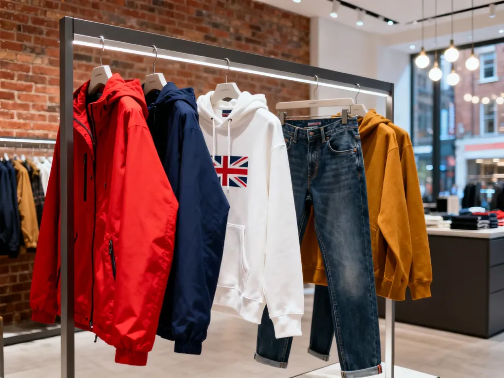 Ekspozycja odzieży marki Superdry w nowoczesnym butiku, prezentująca kolorowe kurtki, bluzy i jeansy w miejskim stylu.