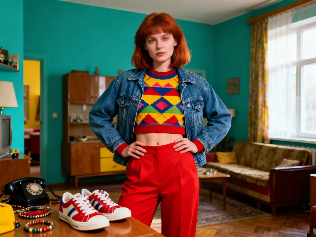 Kobieta w stylizacji z lat 80. w otoczeniu retro mebli, prezentująca kolorowy sweter, jeansową kurtkę i modne dodatki.