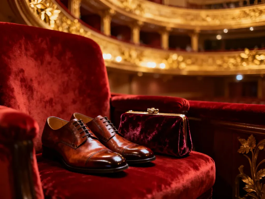 Eleganckie skórzane buty i wieczorowa torebka na czerwonym fotelu w luksusowym wnętrzu teatru.