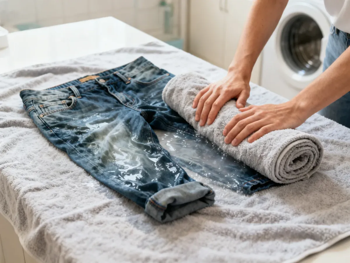 Delikatne odciskanie wody z mokrych jeansów za pomocą ręcznika