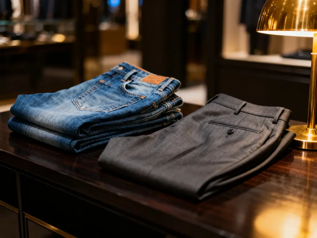 Zestawienie klasycznych jeansów i eleganckich spodni materiałowych na drewnianym blacie w nastrojowym świetle wieczoru.
