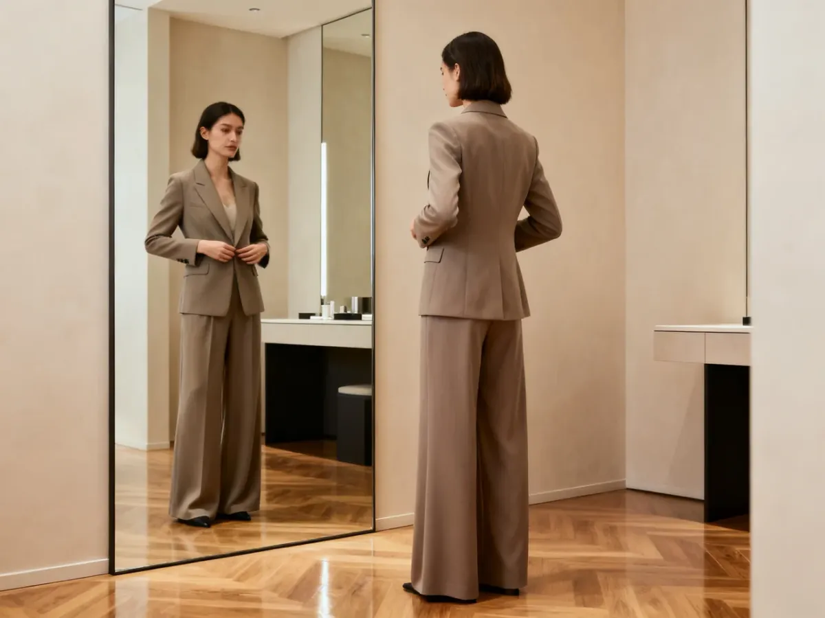 Kobieta oceniająca proporcje stylizacji przed lustrem