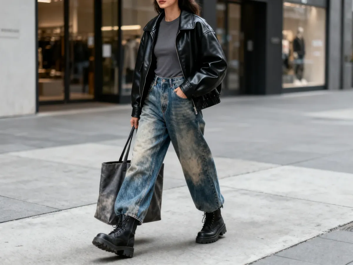 Miejska stylizacja utility z szerokimi spranymi jeansami, ramoneską i masywnymi botkami