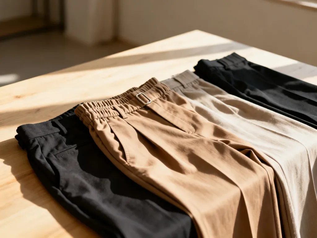 Różne modele spodni z wysokim stanem, w tym fasony typu wide-leg i paper-bag, ułożone na drewnianym blacie.