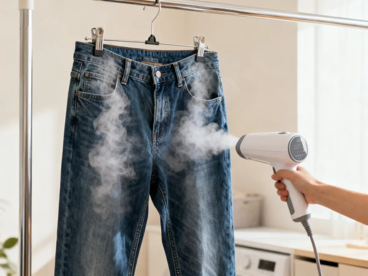 Jeans steaming on a hanger to remove odors and wrinkles