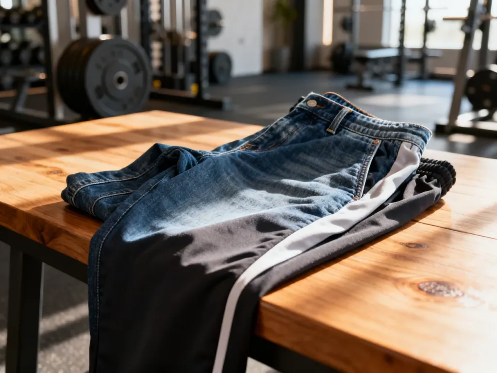 Wysokiej jakości spodnie z denimu i materiałów sportowych ułożone na drewnianym stole w tle nowoczesnej siłowni.