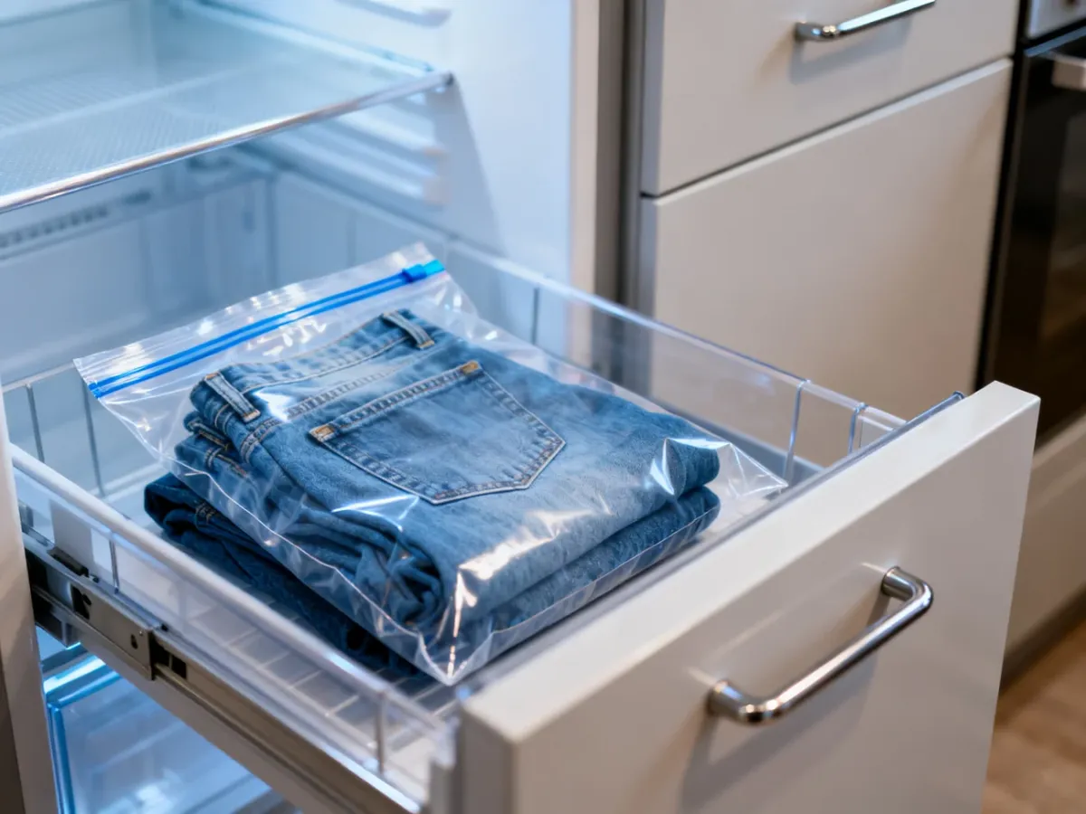 Folded jeans sealed in a bag inside a freezer